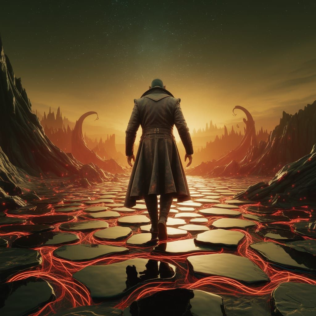 Solitary Explorer in Eldritch Alien Landscape