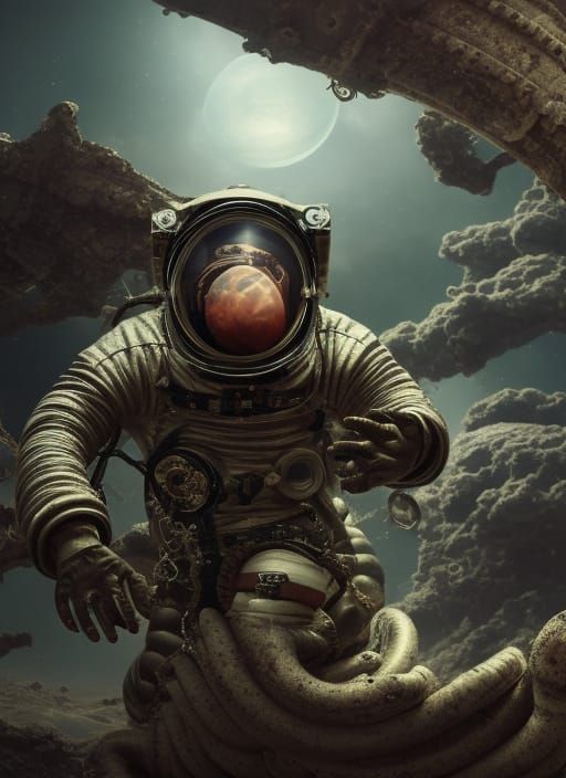 Steampunk Astronaut Captured in Biomechanic Tentacles