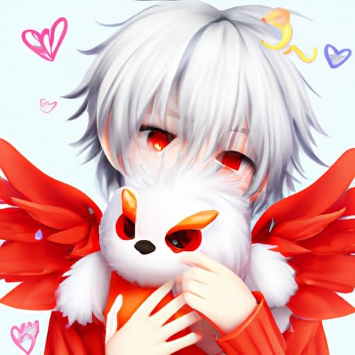 Cute Anime Boy with Angel Wings and Stuffed Animal