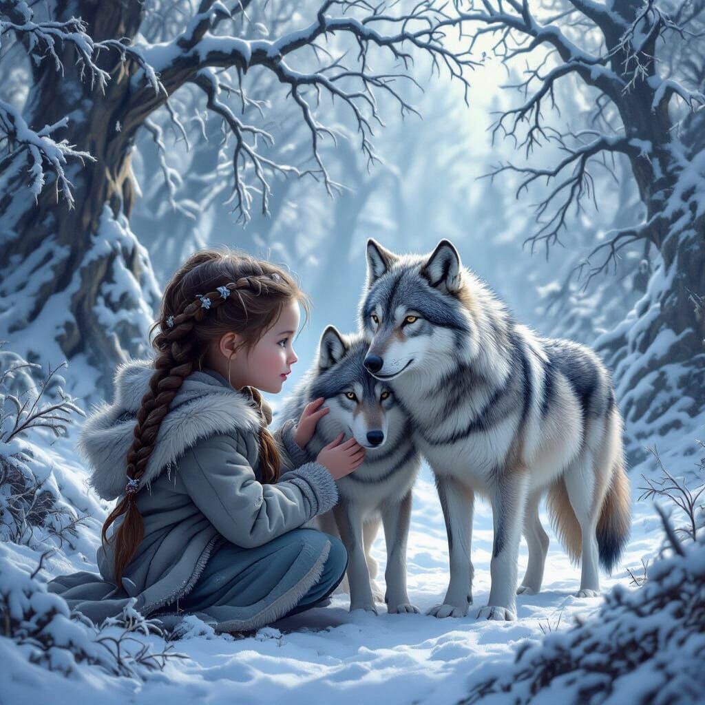 Girl Pets Wolves in Snowy Forest