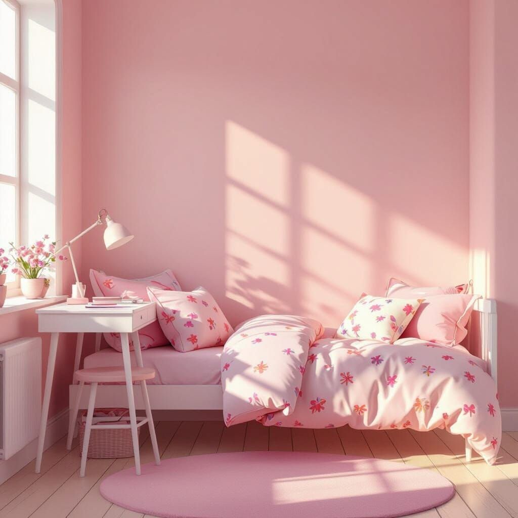 Pastel Pink Teenage Bedroom with Study Desk and Cute Bedding
