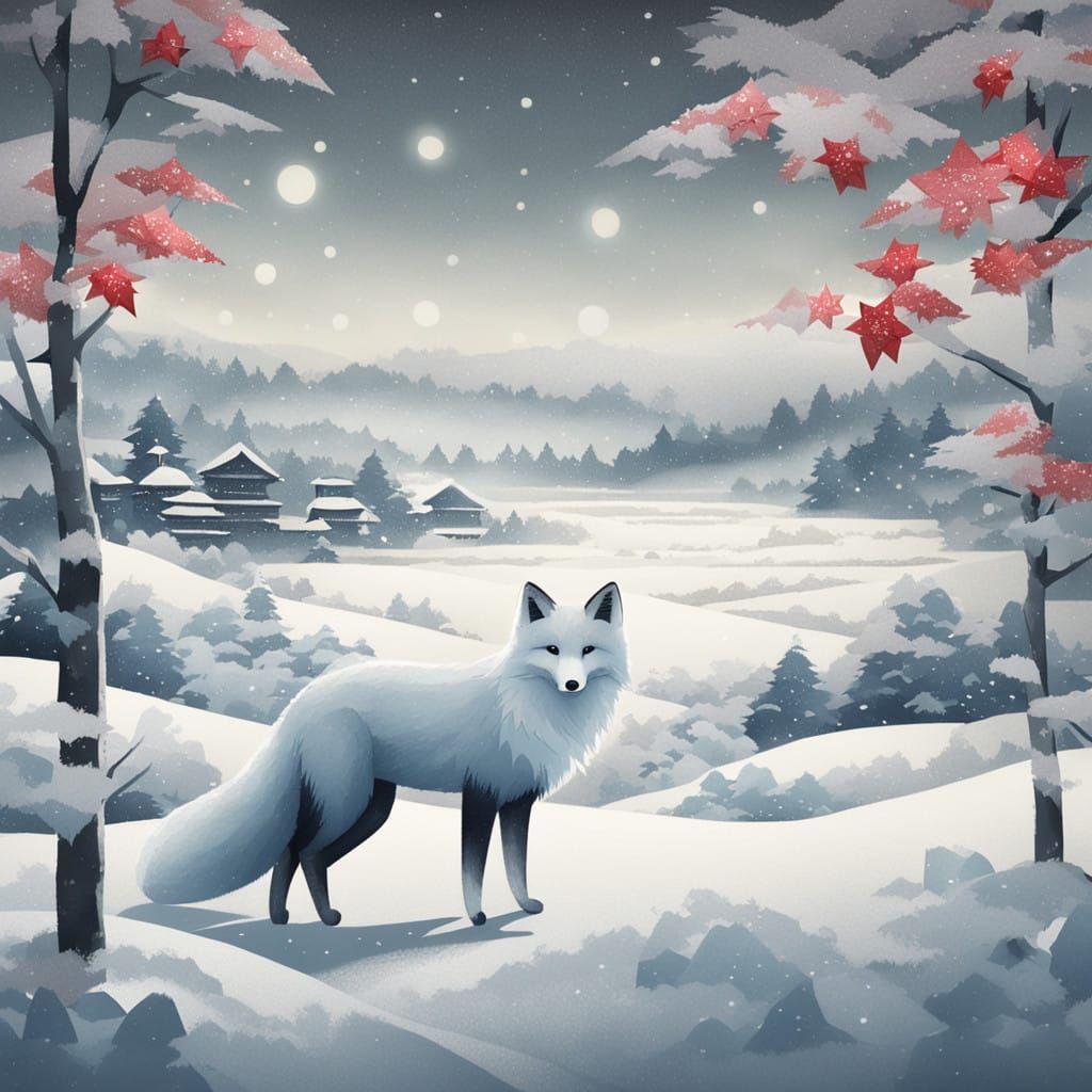 Whimsical Christmas Fox in Origami Snowflakes