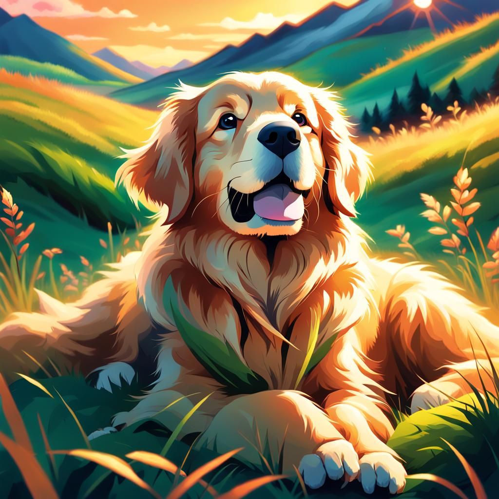 Cute Golden Retriever on Hill, Digital Painting