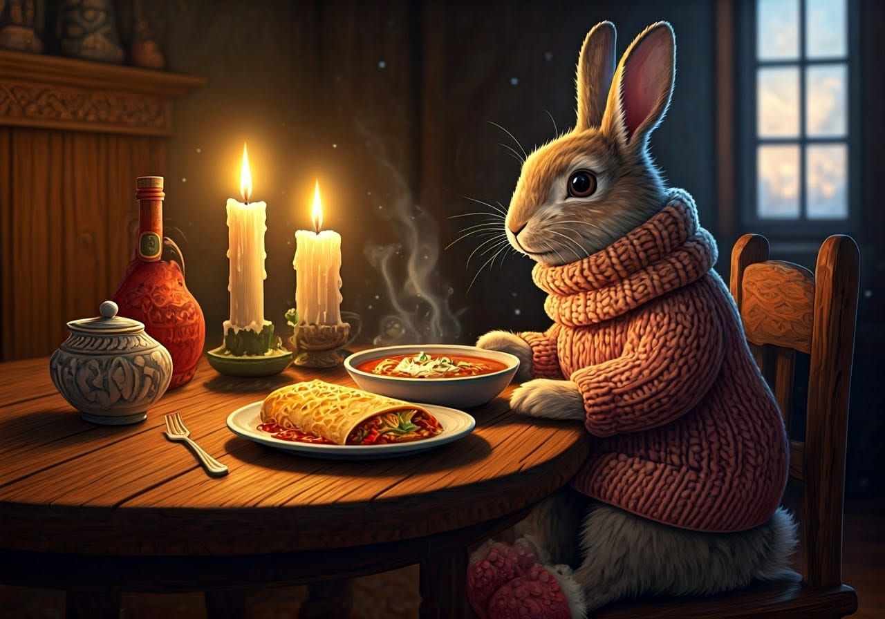 Cozy Rabbit Enjoys Winter Comfort Food