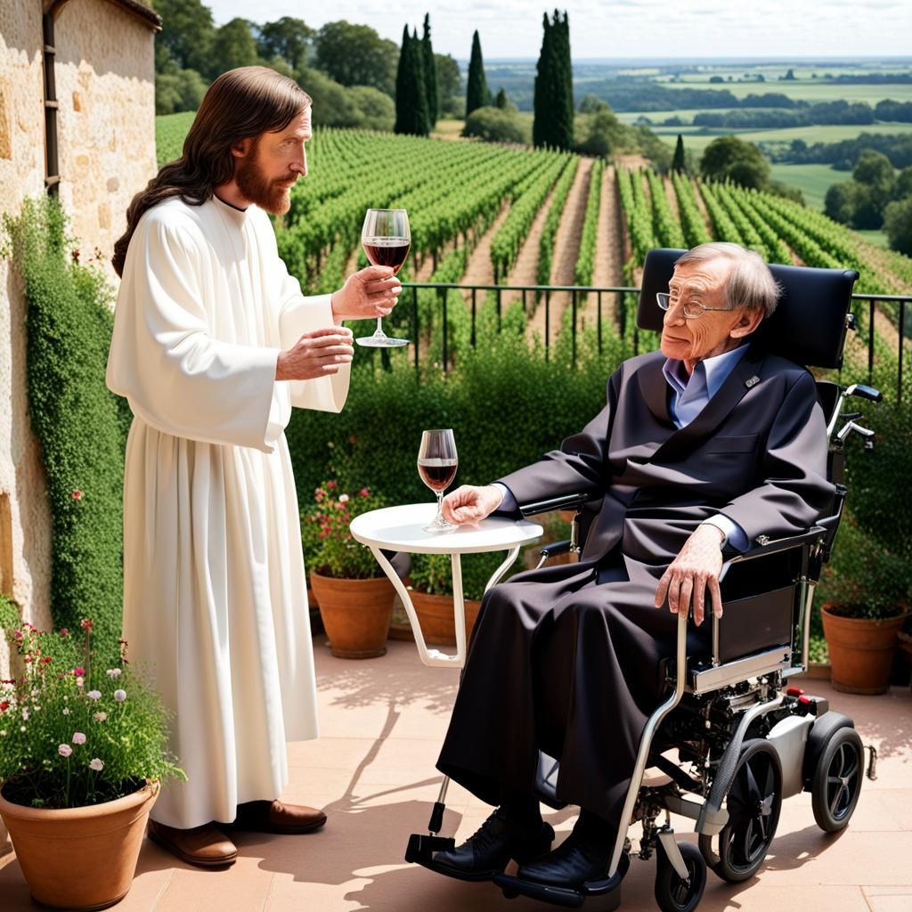 Jesus and Hawking Share Wine on the Terrace