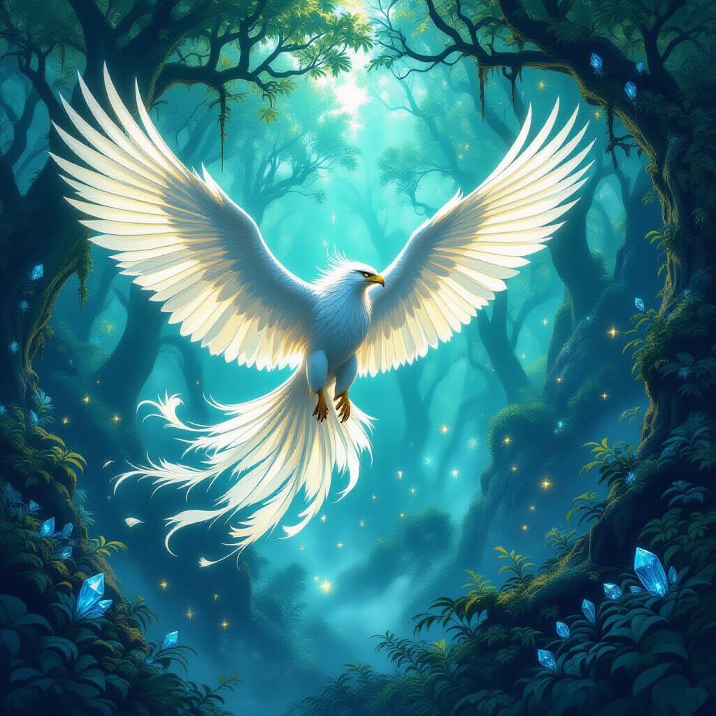 Griffin Soaring in Bioluminescent Forest, Art Nouveau Style