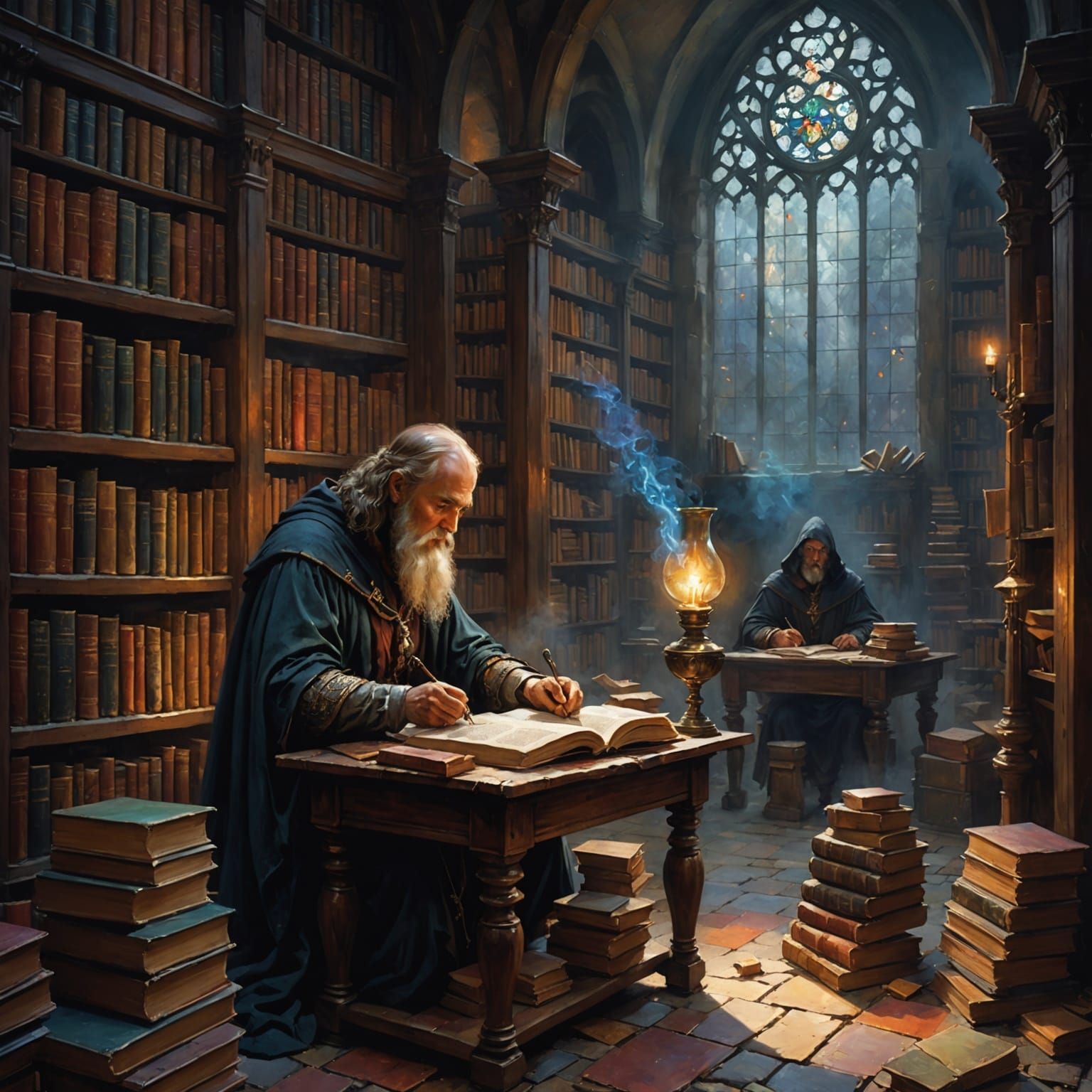 Cryptic Sage in Forgotten Library Painting