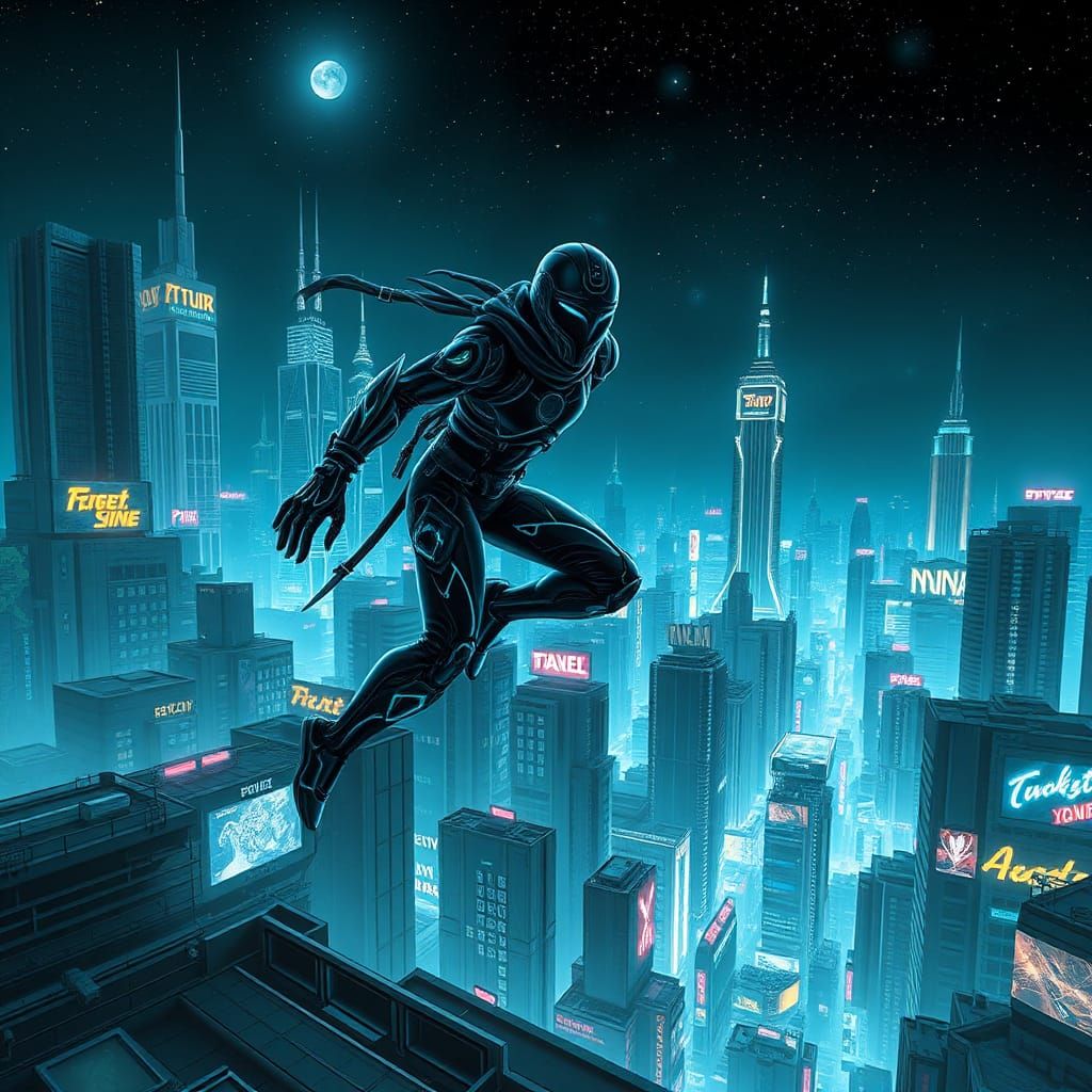 Cyber Ninja Leaps Across Neon Metropolis