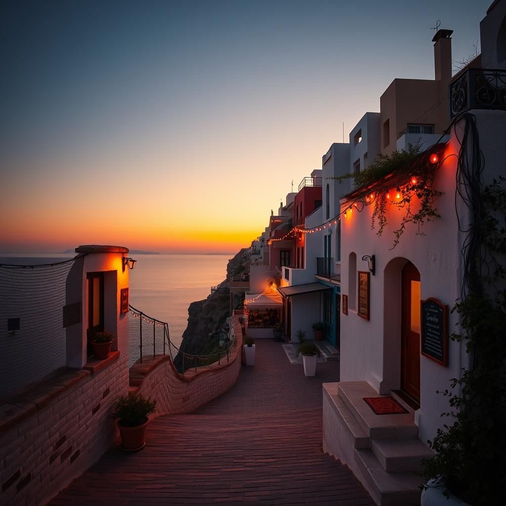 Mediterranean Coffee Shop at Dusk in Cinematic Style