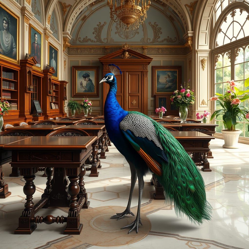 Elegant Male Peacock in Luxurious Waterhouse-Inspired School...