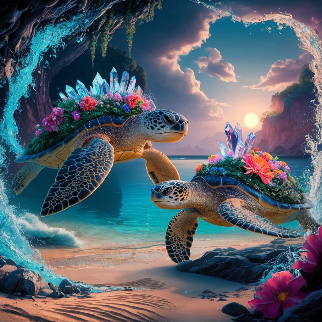 Mystical Sea Turtles with Flowers: Fantasy Art