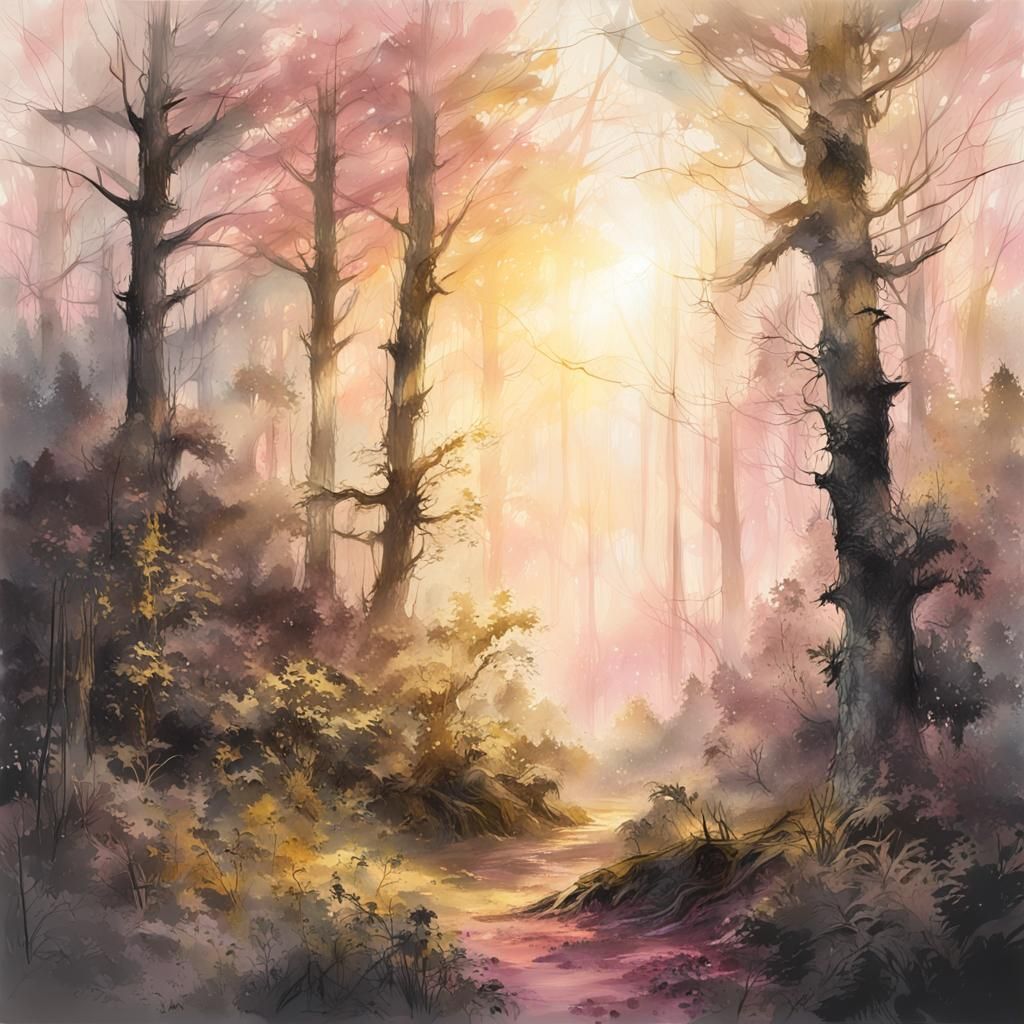 Sunrise Over Misty Forest: Digital Painting in Watercolour S...