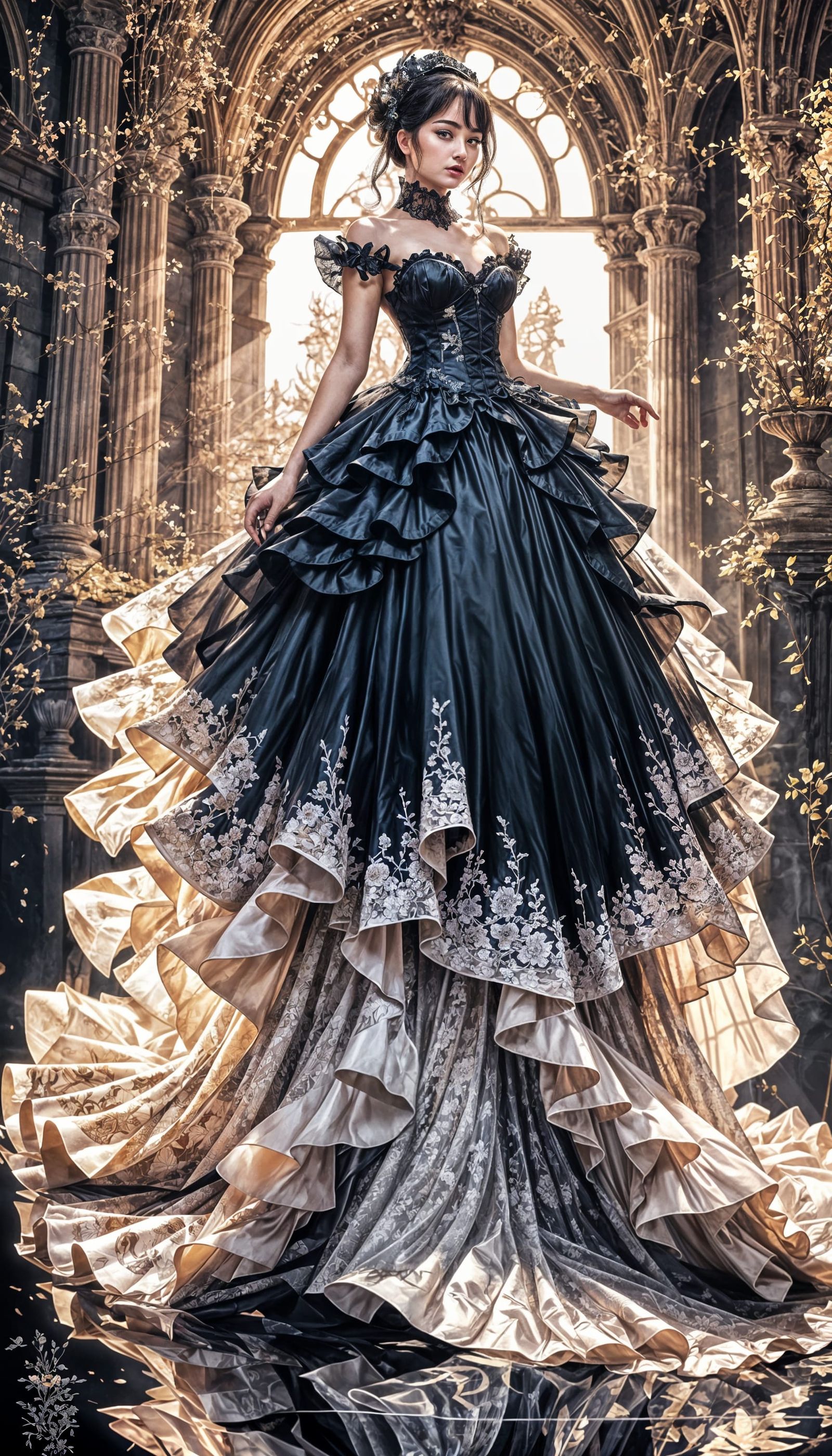 Hypermaximalist Princess in Elegant Black Gown