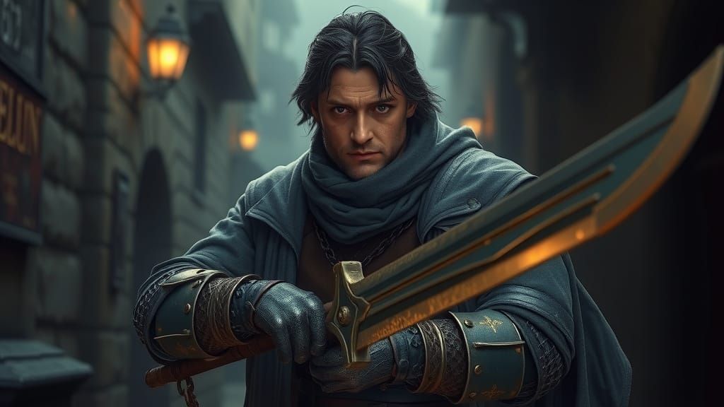Fantasy Warrior Ready to Fight in Dim Alley