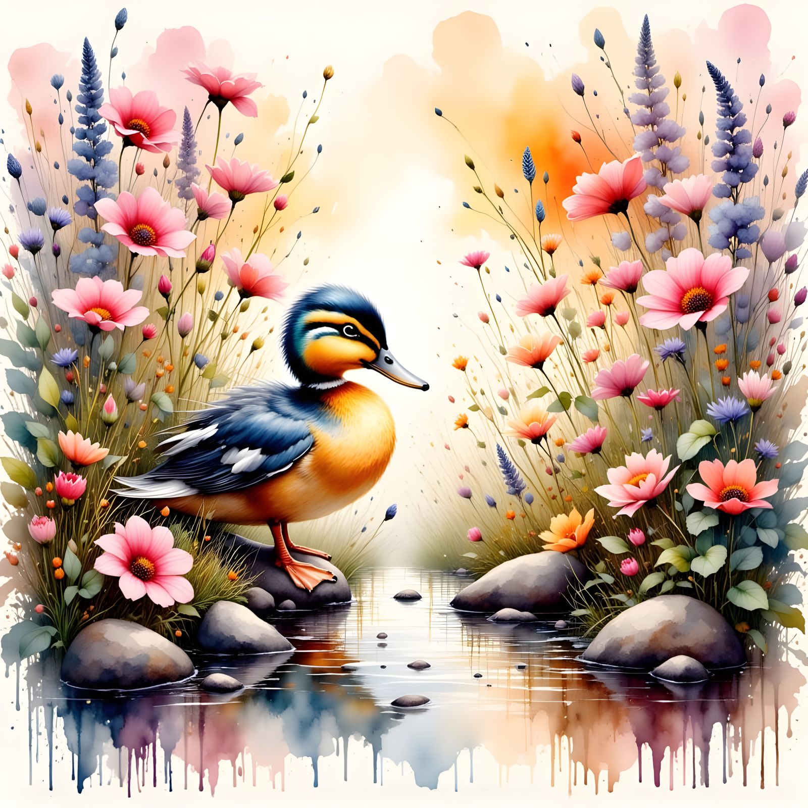 Playful Duckling in Sunlit River Garden