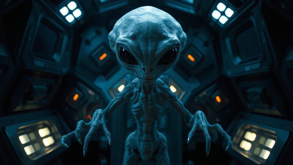 Grey Alien in Spaceship, Surreal Sci-Fi Concept Art