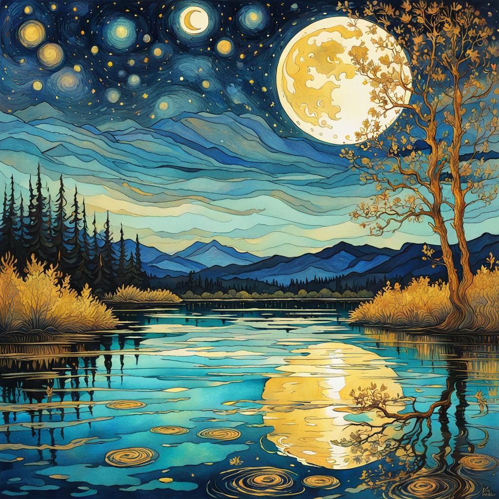 Iridescent Moon Reflection in Lake: Fantasy Art