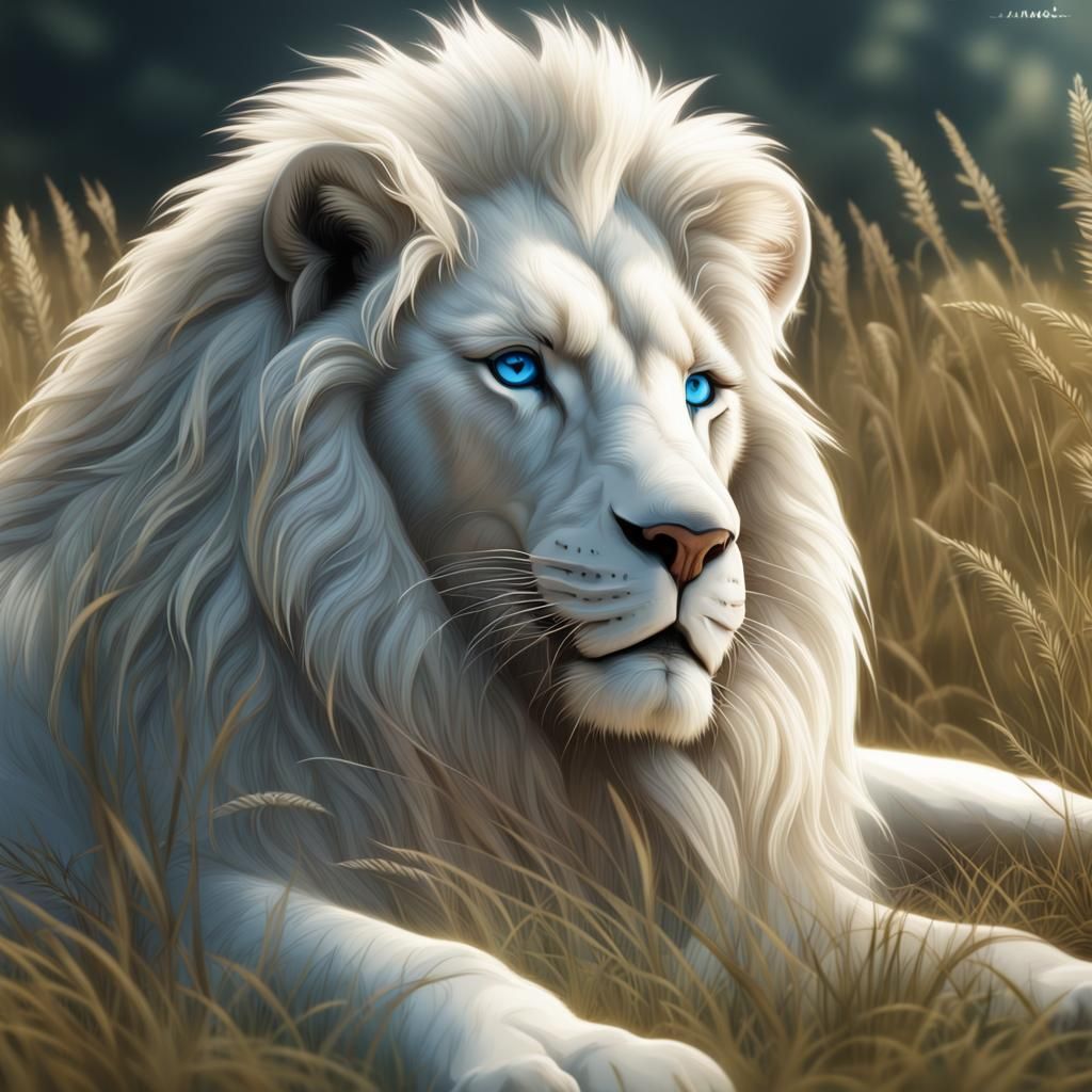 Majestic White Lion in Grassy Field