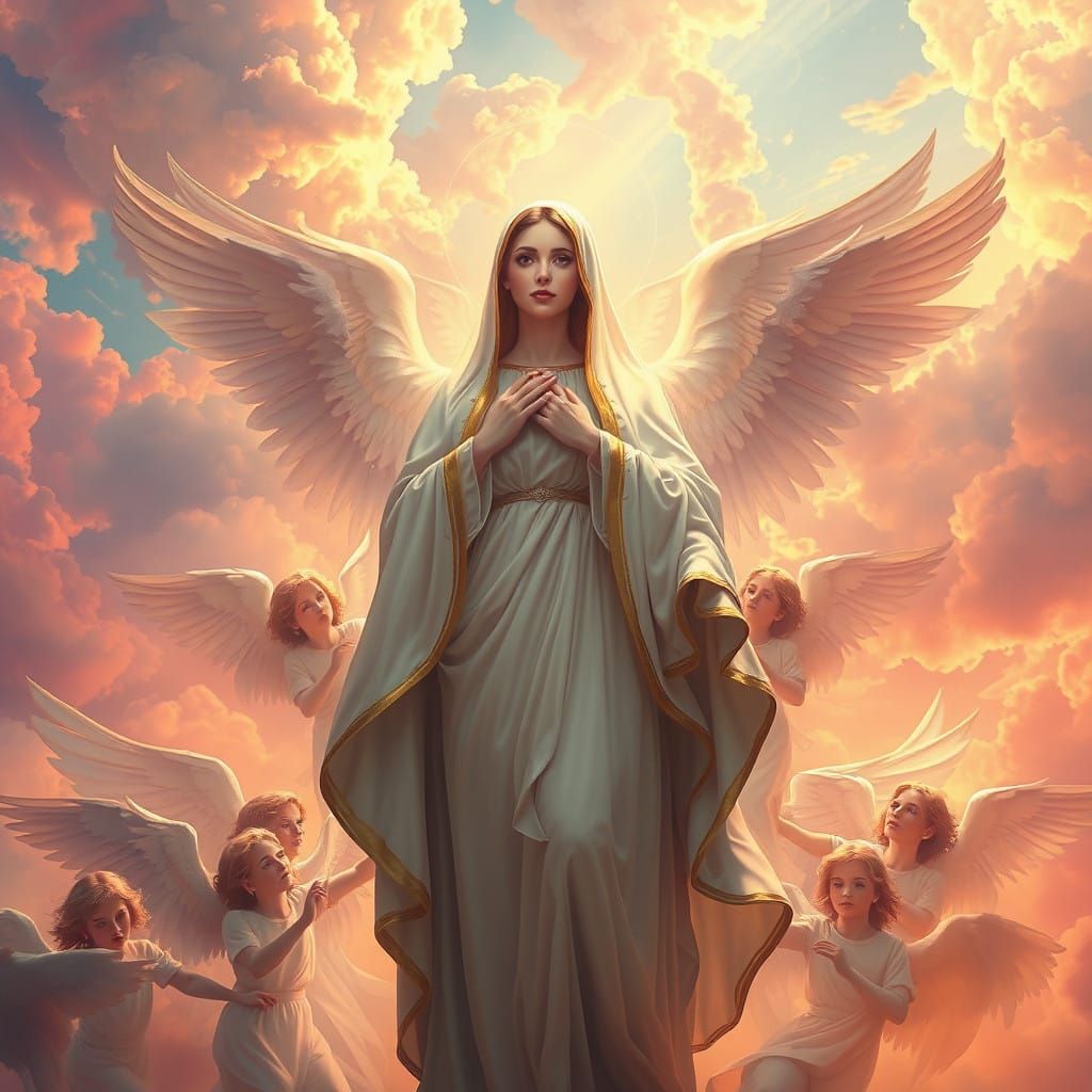 Ethereal Mary in a Whimsical Angelic Realm