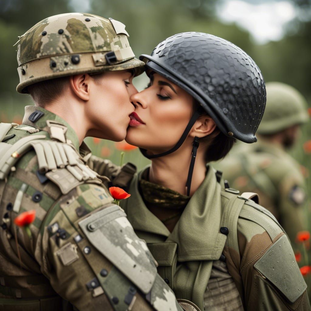 Soldiers Kissing in Poppy Field: A Moment of Peace