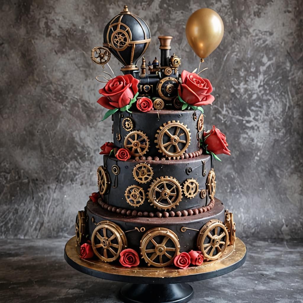 Steampunk Birthday Cake with Roses and Balloons