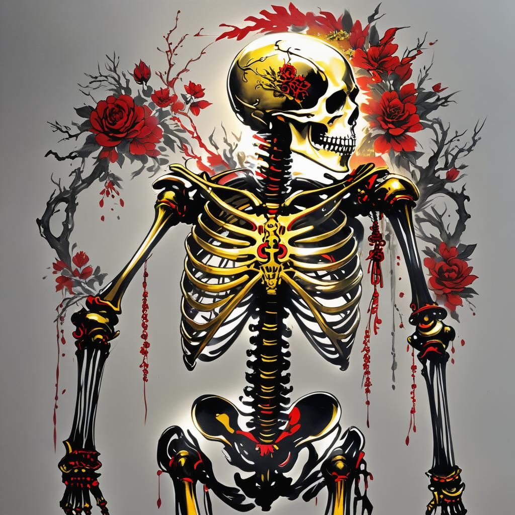 Darkpunk Metalcore Skeleton in Chinese Ink Style