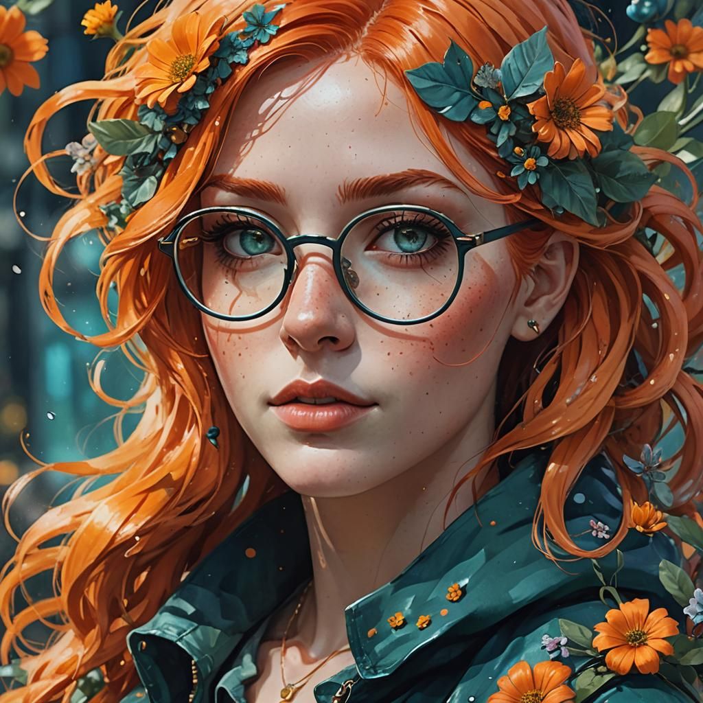 Orange-Haired Girl Portrait in Flowerpunk Style