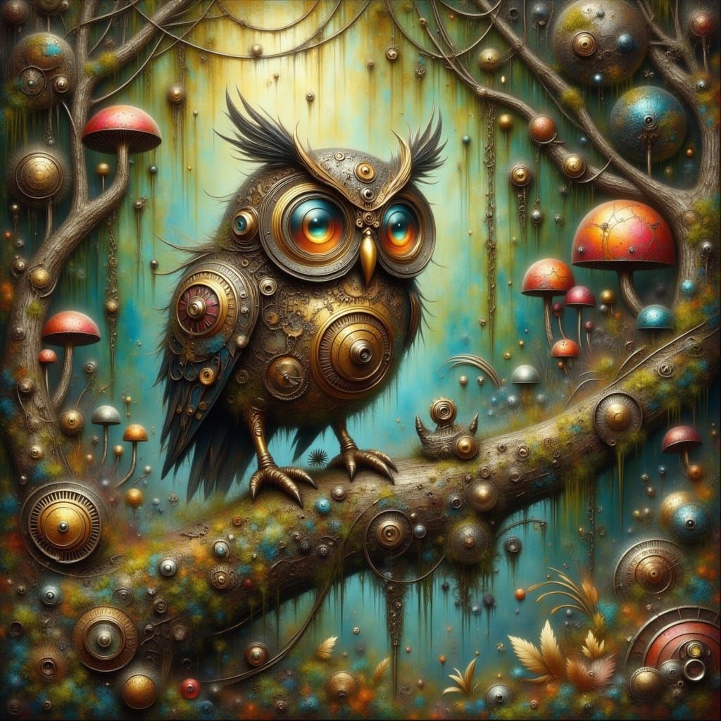 Clockwork Owl Perches on Ancient Branch with Glowing Mushroo...