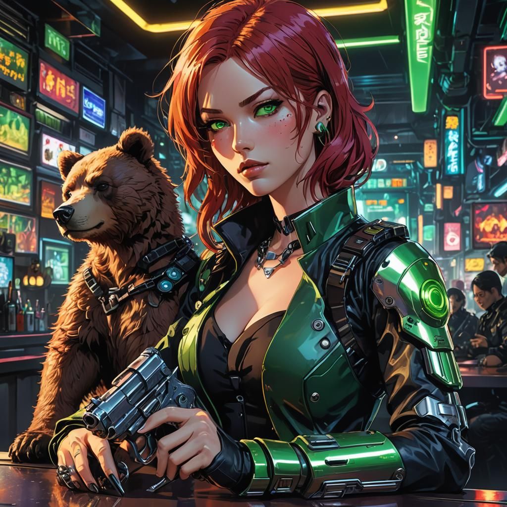 Cyborg Cowgirl with Bear Cub in Neon Noir Anime Style