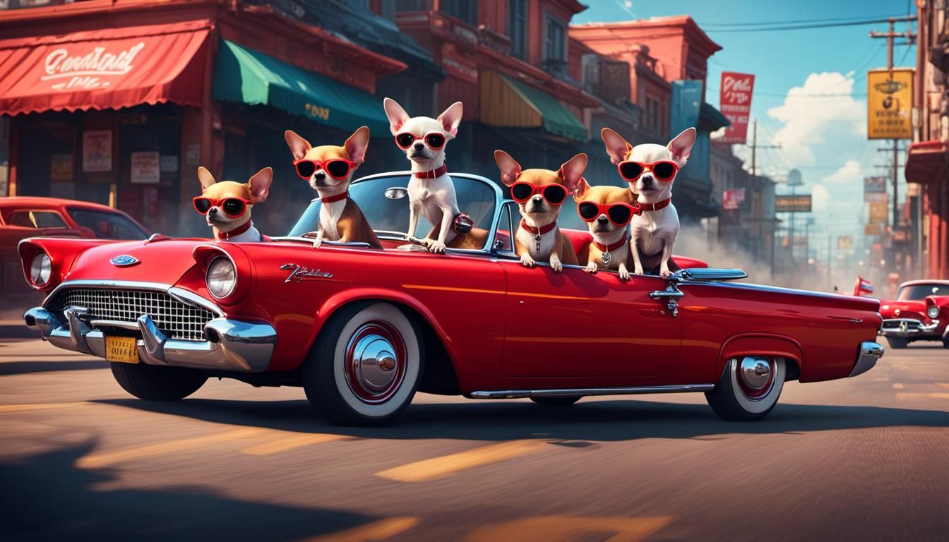 Cartoon Chihuahuas Escape in a Red Thunderbird