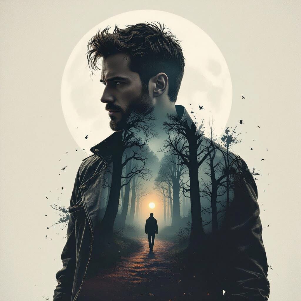 Double Exposure: Man Walking Misty Forest Path