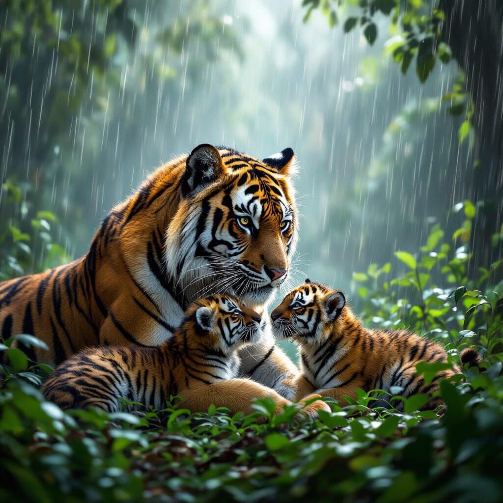 Majestic Tigress Shields Cubs in Rainy Forest
