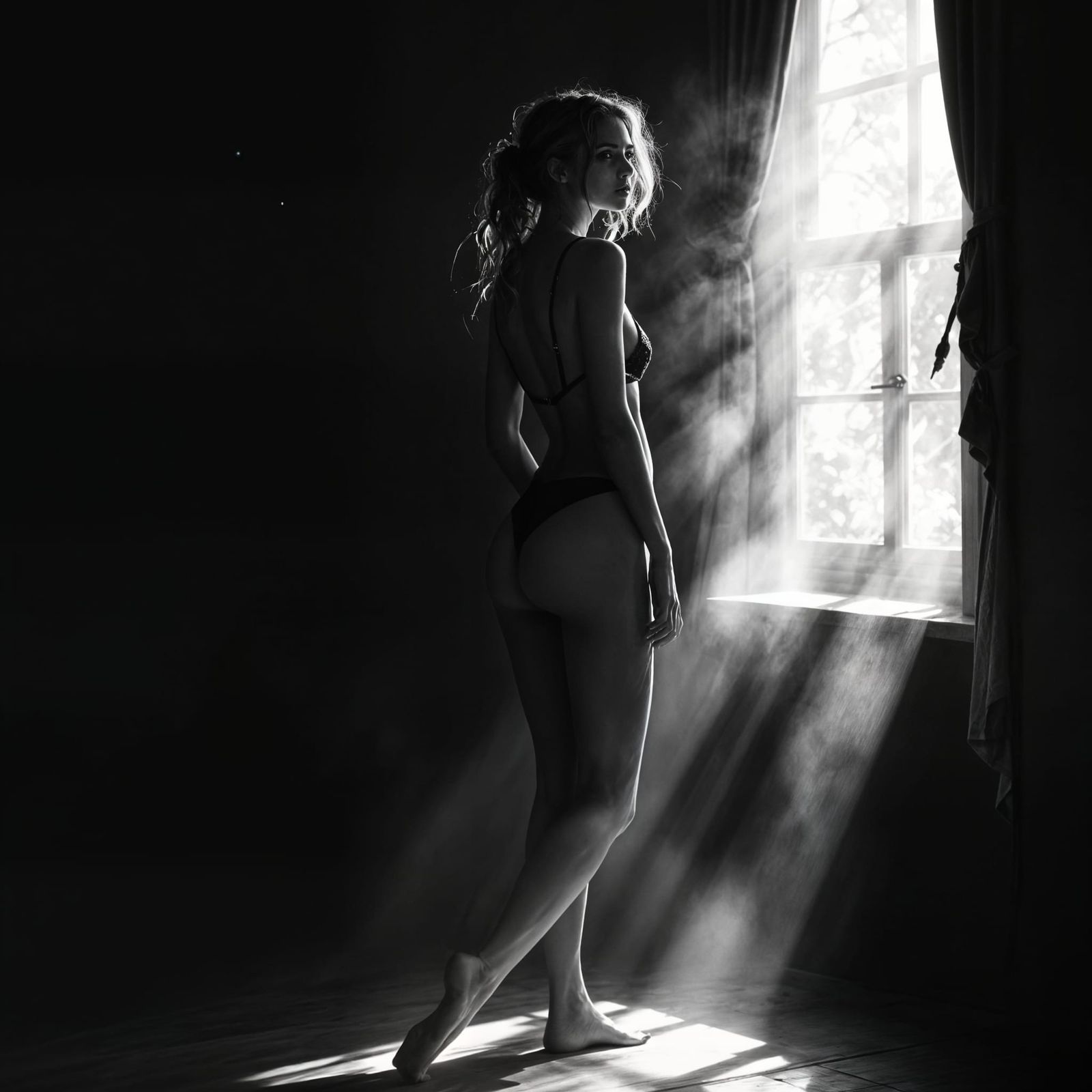 Monochrome Masterpiece: Woman in Negligee, Sfumato Style