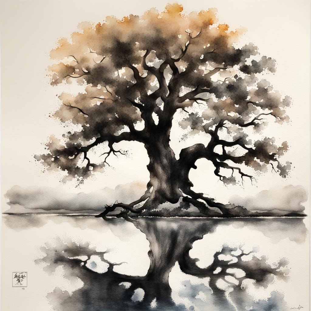 Old Oak Tree in Sumi-e Ink Painting