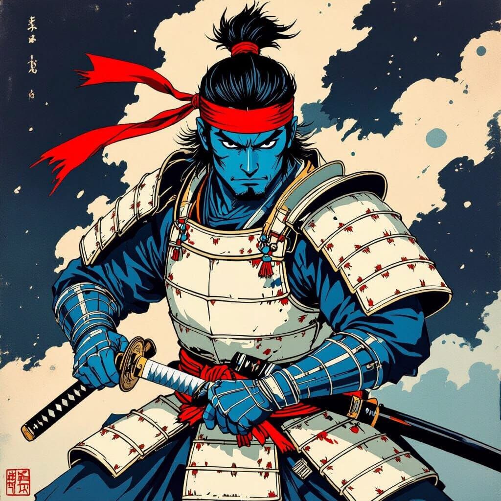 Blue Samurai Warrior in Ukiyo-e Style