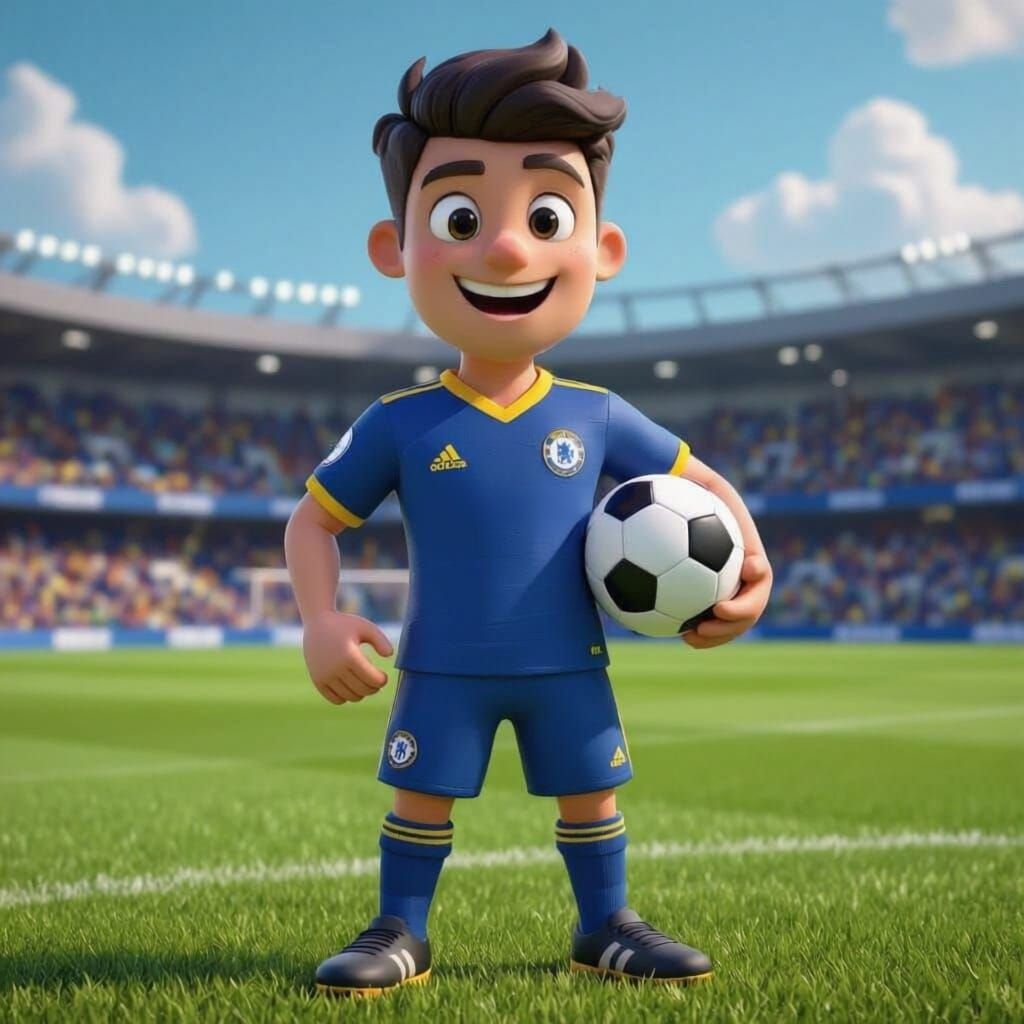 Cartoon Football Player in Chelsea Colors