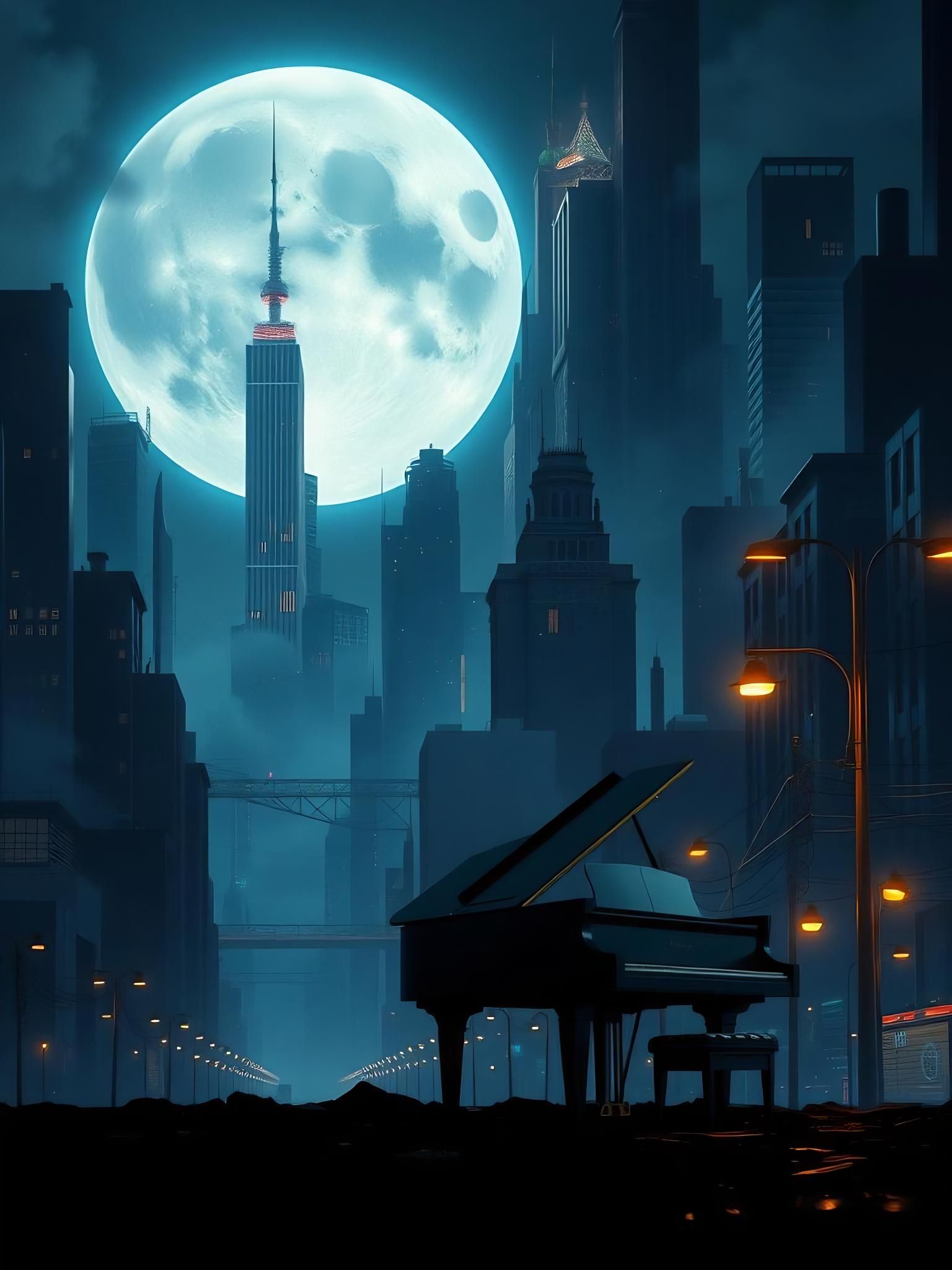 Mystical Moonlit Cityscape Piano Performance