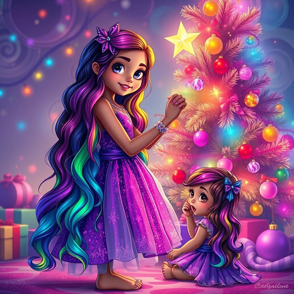 Whimsical Christmas Scene in 3D Glitter Psychedelic Style