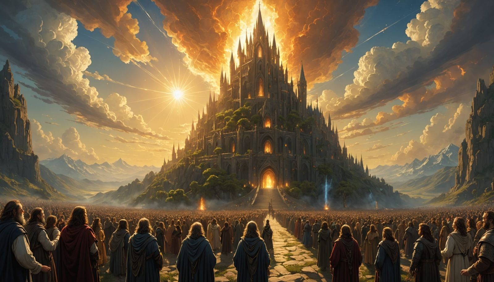 Celestial Palace: Angelic Figures in Cosmic Light