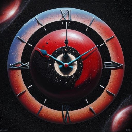 Surreal Apple with Melting Clock Hands in Cosmic Void