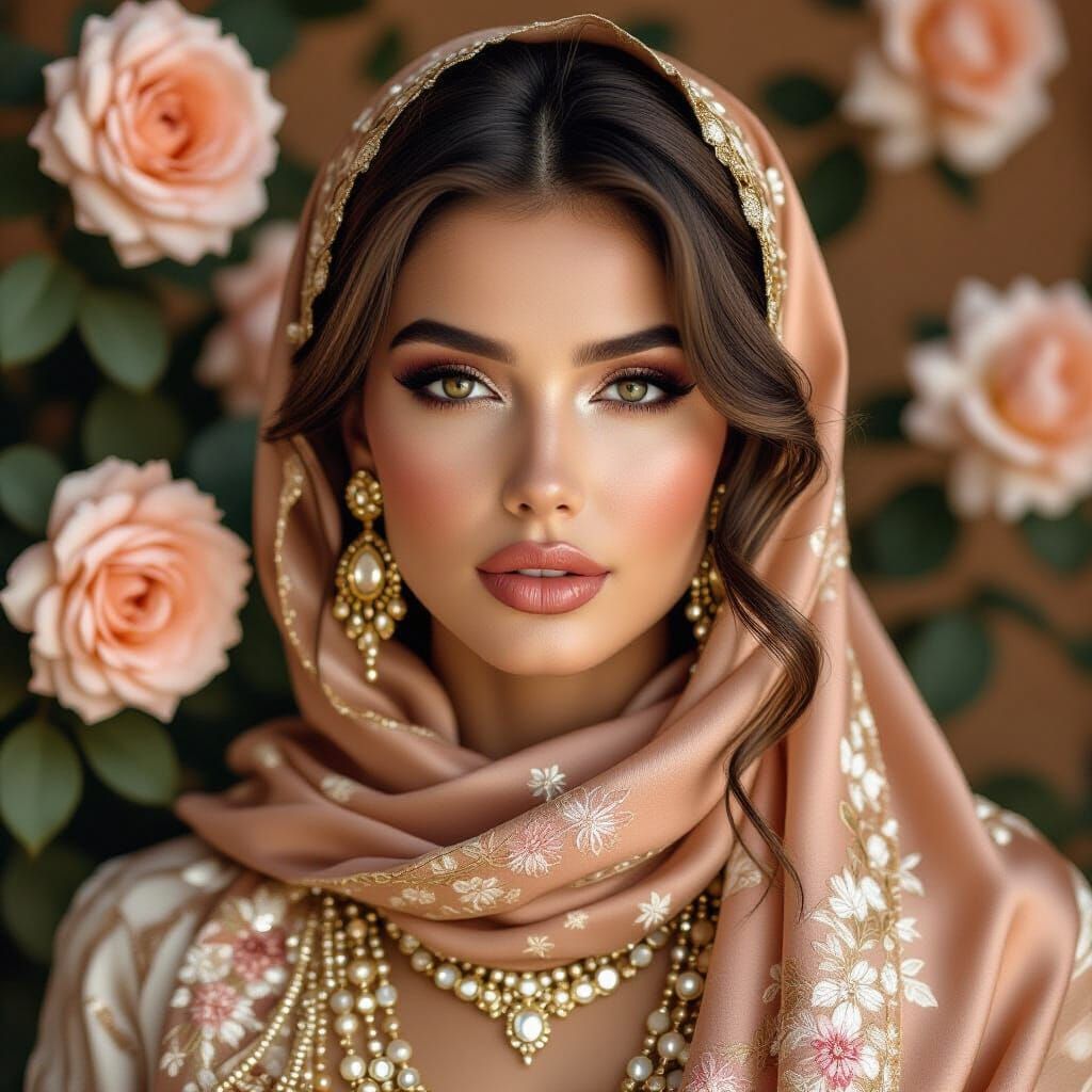 Woman in Ornate Scarf with Roses, Hyperrealistic Style