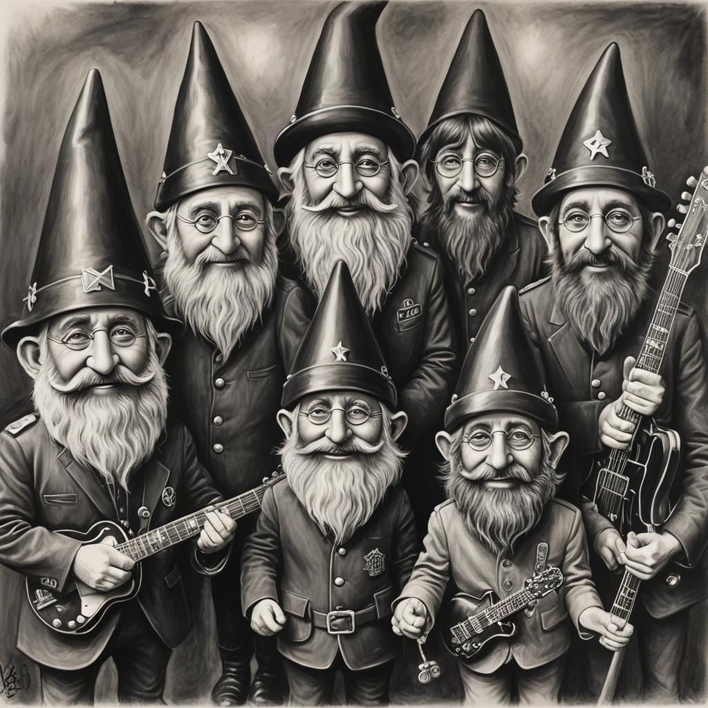 Gnome Beatles Band in Hyperdetailed Charcoal Drawing