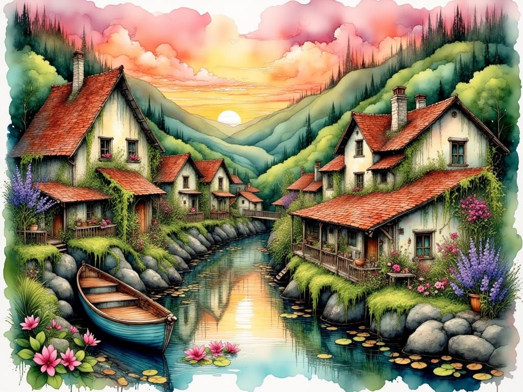 Charming Village in Emerald Valley: Watercolor and Ink
