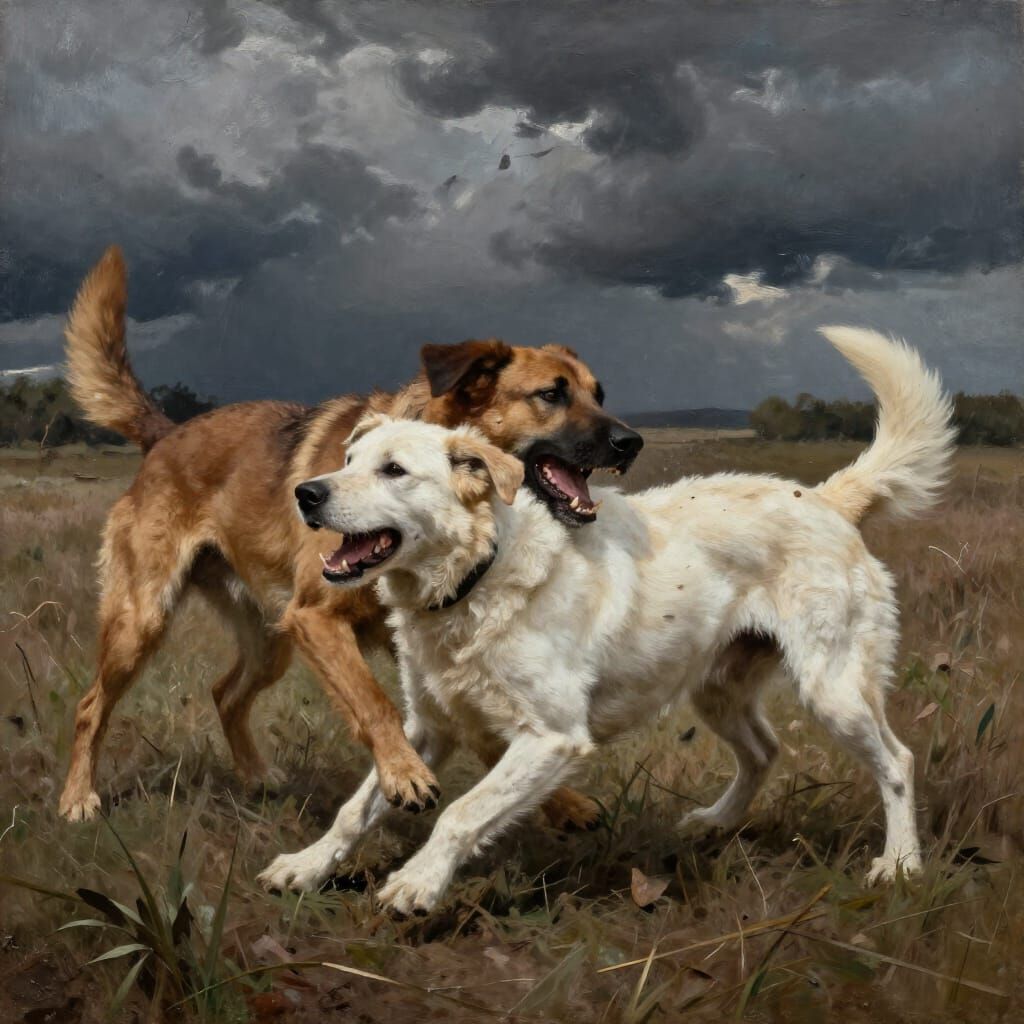 Brown Dog Attacks White Dog in Stormy Field