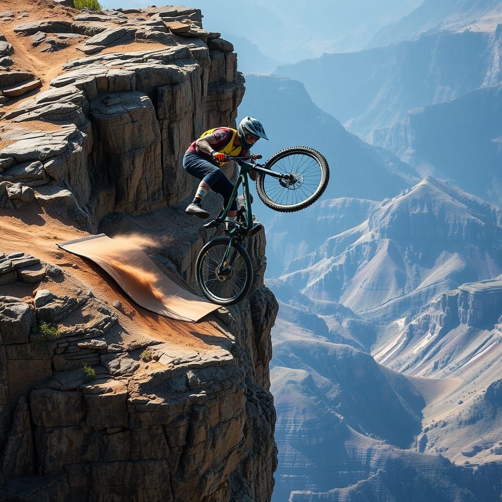Mountain Biker Backflip on Cliff: Realistic Action Shot
