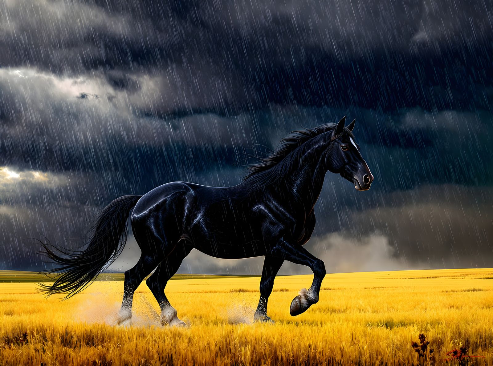 Majestic Stallion Senses Prairie Rain, Dramatic Lighting