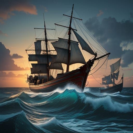 Fishermen Hauling Nets at Sea in Dramatic Lighting