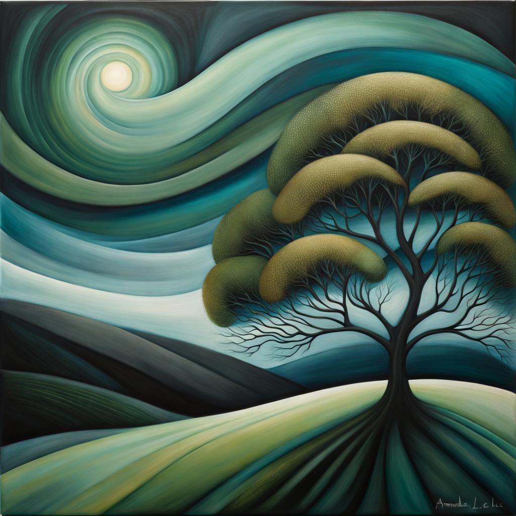 Surreal Tree in Windy Landscape Double Exposure