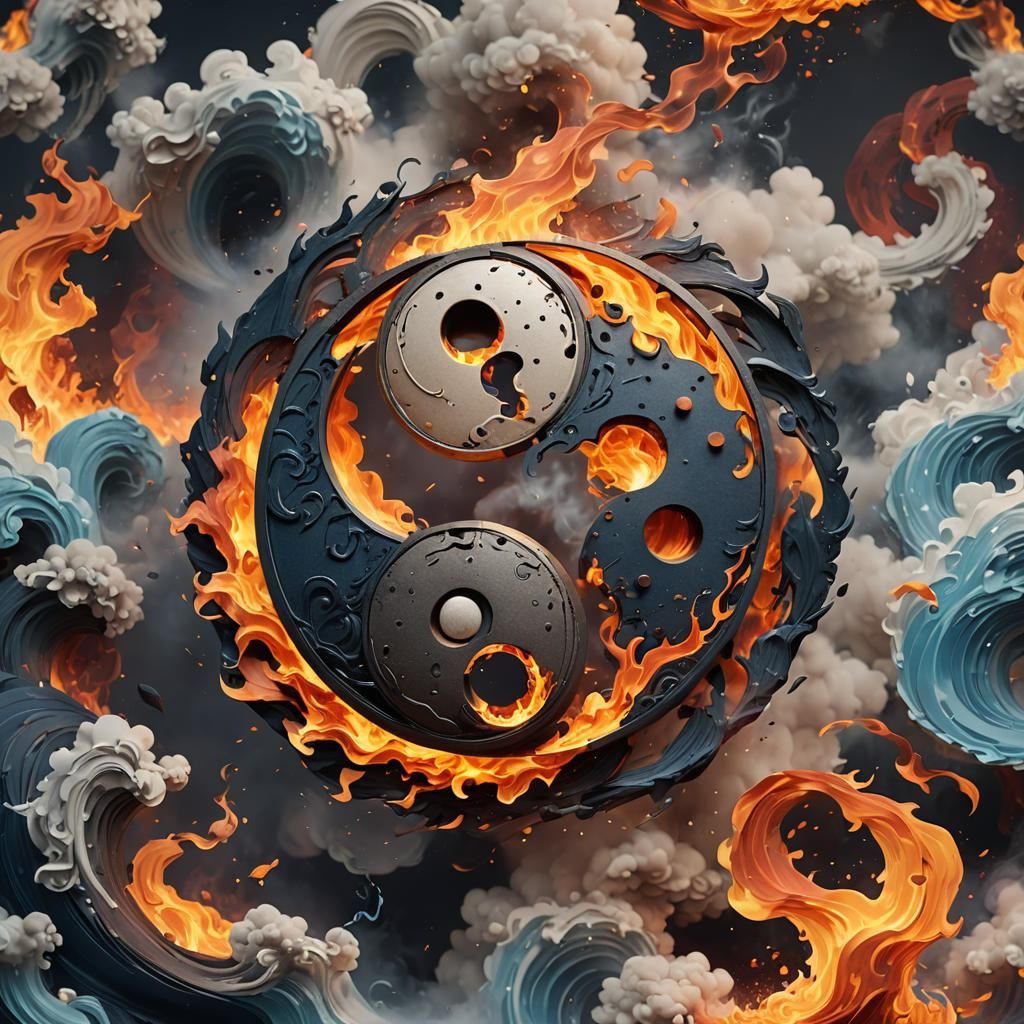 Papercraft Yin Yang with Fire, Water, and Smoke