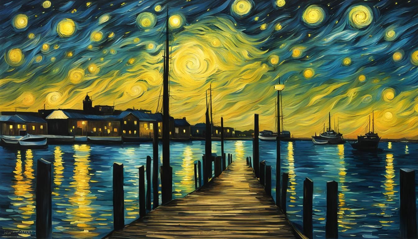 Night Marina with Starry Sky in Hyper-Realistic Style